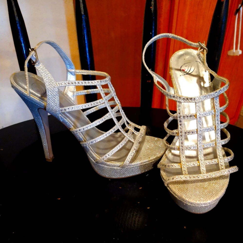 Glittery silver strap heels size 8